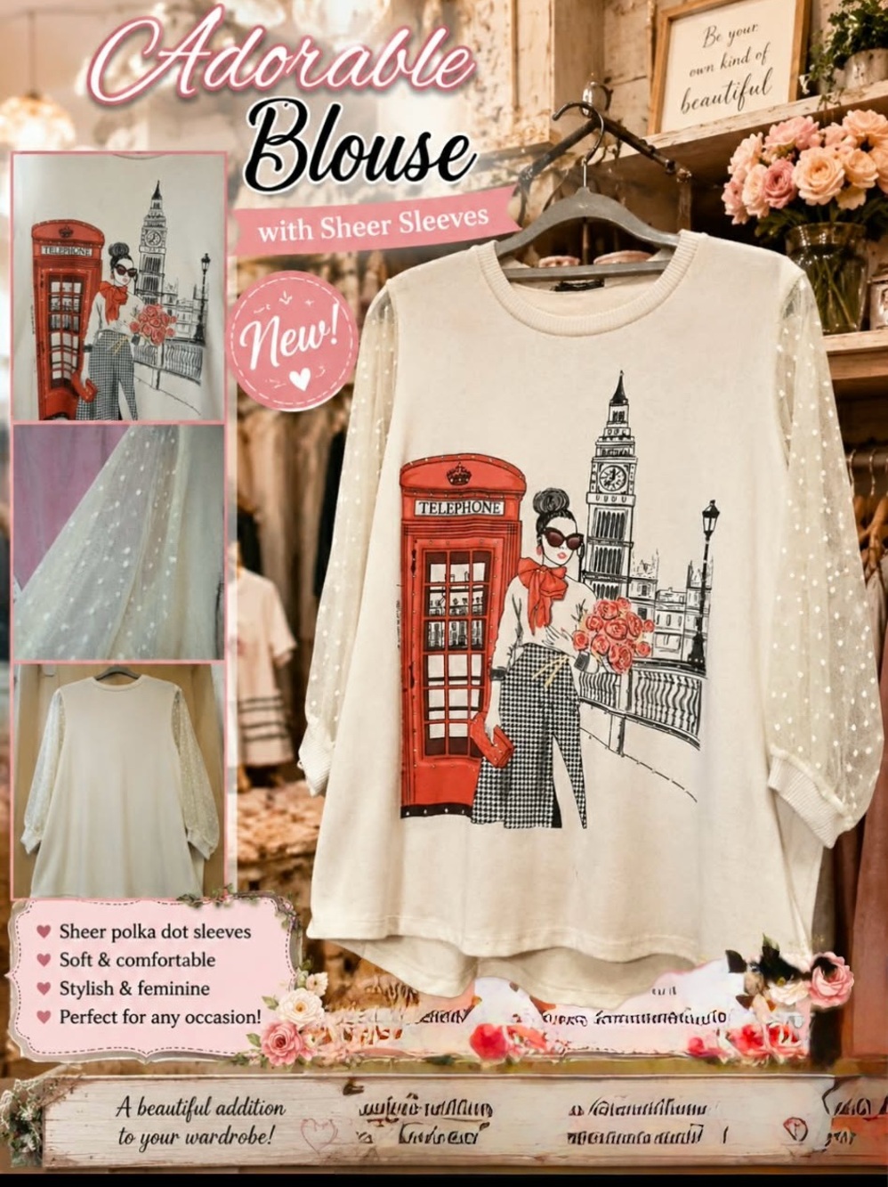 Cream Graphic Polka-Dot Sleeve Sweatshirt - London Motif